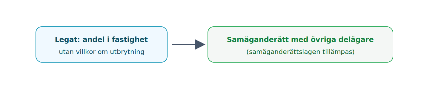 Ett andelslegat utan villkor om utbrytning gör mottagaren till samägare av fastigheten med de övriga delägarna.