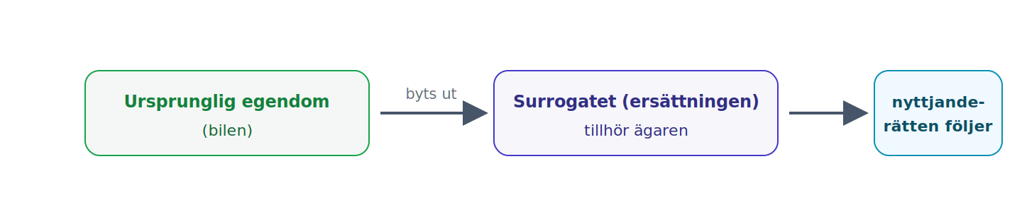 Vad som trätt i stället för den nyttjade egendomen tillhör ägaren, och nyttjanderätten övergår till surrogatet.