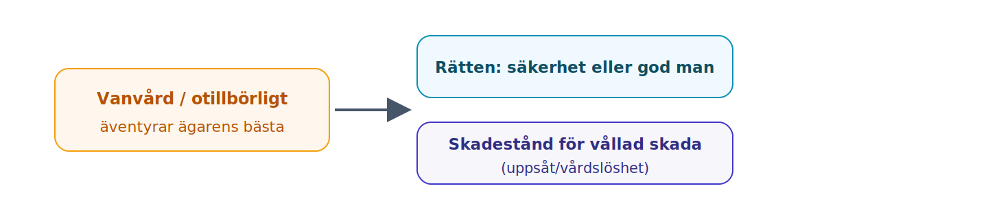 Vid vanvård kan domstolen kräva säkerhet eller förordna god man, och nyttjanderättshavaren blir skadeståndsskyldig för vållad skada.