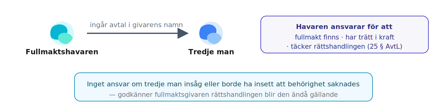 Fullmaktshavaren ansvarar mot tredje man för att fullmakt finns, har trätt i kraft och täcker rättshandlingen; ansvaret bortfaller om tredje man var i ond tro