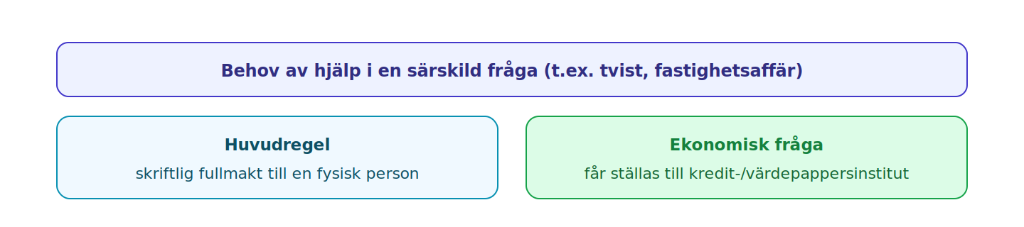 För hjälp i en särskild fråga får fullmaktshavaren ge en skriftlig fullmakt till en fysisk person, eller i en ekonomisk fråga till ett kreditinstitut eller värdepappersinstitut